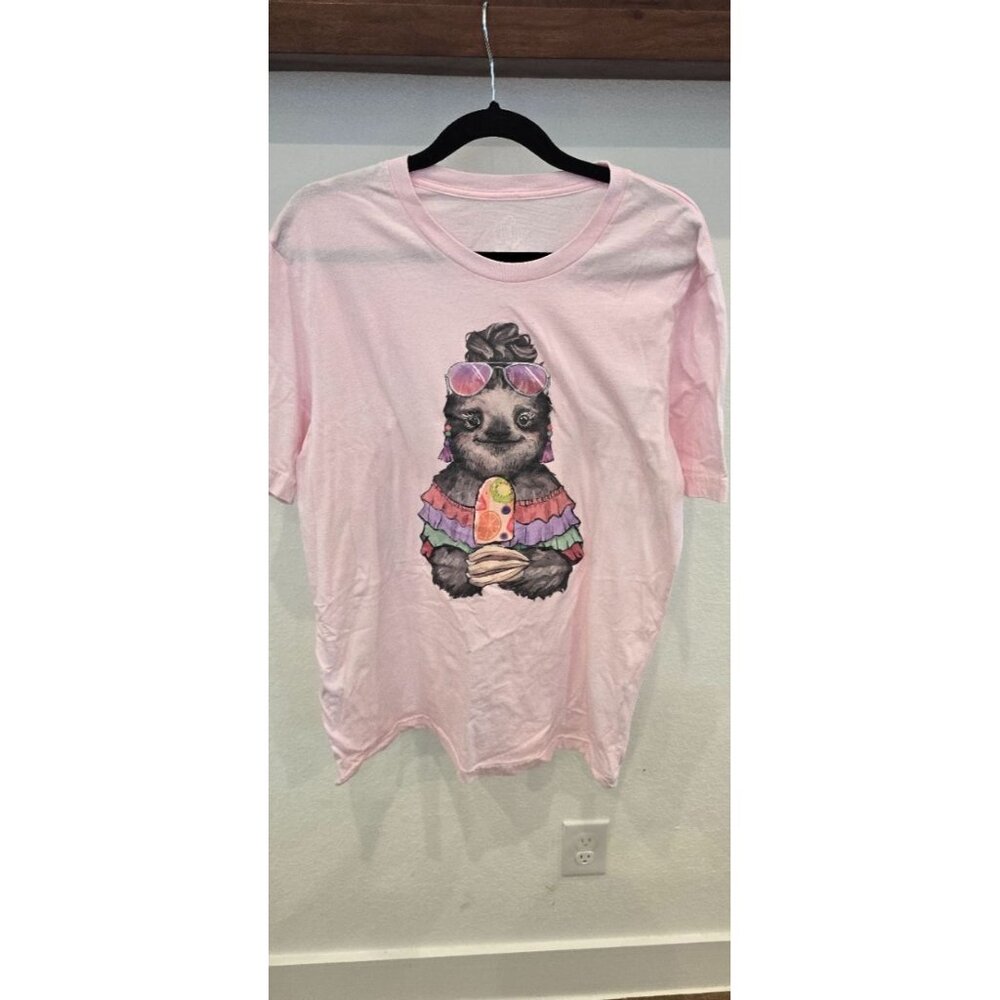 Sloth Graphic Pink T-Shirt With Sunglasses & Ice Cream By Haute Mess XL 100% Cot